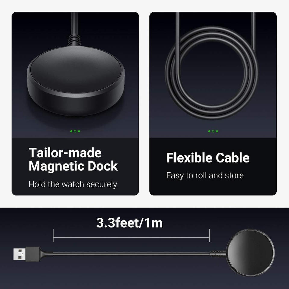 image 1 of Dyzi 2-Pack Magnetic Dock Charger Charging Cable USB-A 5V/2A for Samsung Galaxy Watch 7 6 5 4 3 Ultra FE Pro Classic Active 2/1 - Black