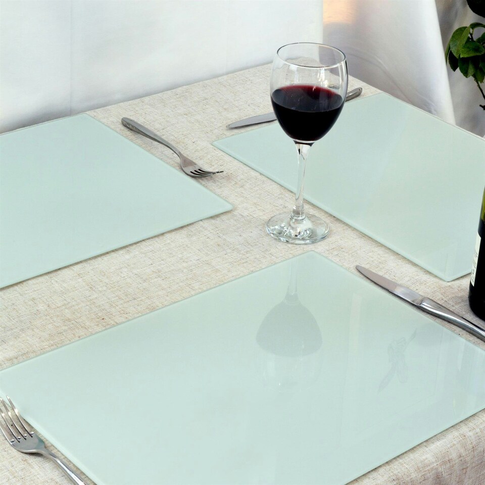 image 1 of Harbour Housewares White Glass Table Set - 40 x 30cm - 12 Piece Placemats & Coasters White