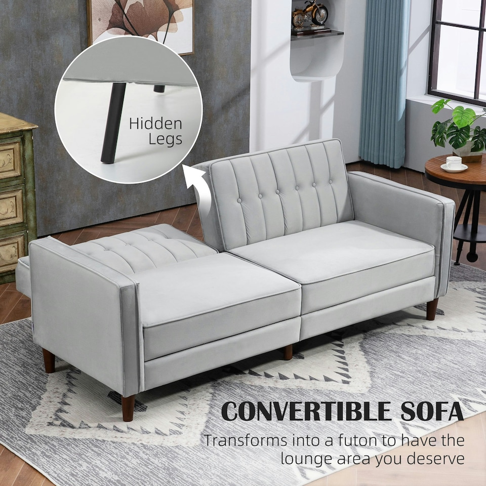 image 1 of HOMCOM Convertible Sofa Futon Velvet-Touch Tufted Couch Sofa Bed Grey