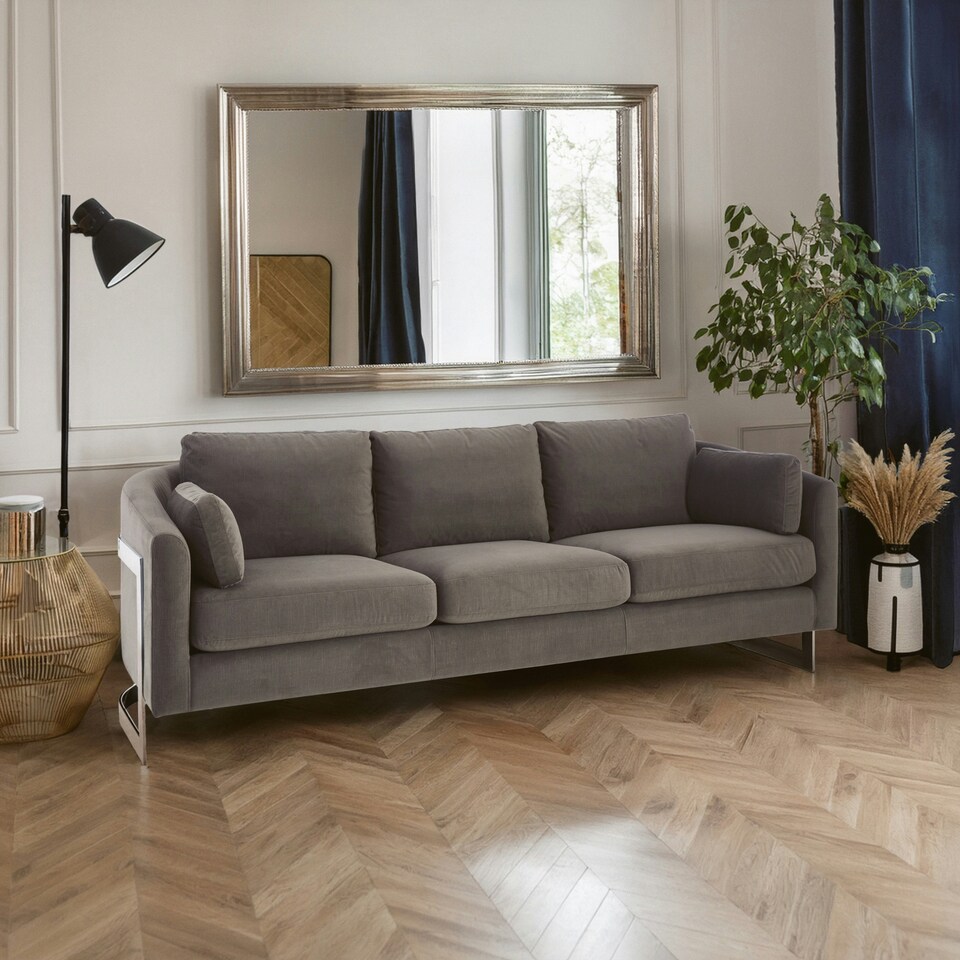 image 1 of Luxe 3 Seater Grey Velvet Sofa,Lounge Couch With Scatter Cushions,Sofa Seat With Slim Armrests,Velvet Couch Grey