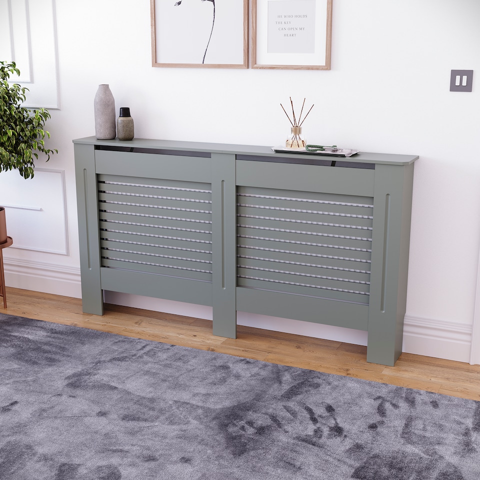 image 1 of Vida Designs Milton Radiator Cover Painted MDF Slatted Cabinet, Grey, 152cm