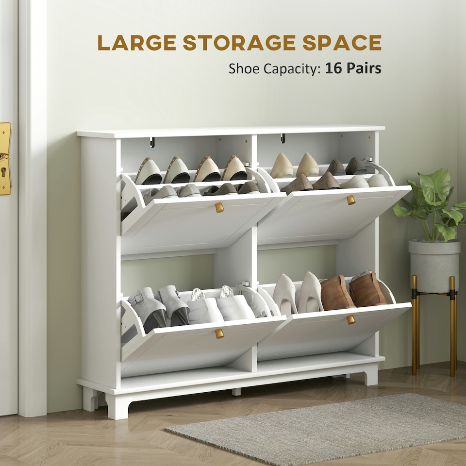 image 1 of HOMCOM Narrow Shoe Cabinet with 4 Flip Drawers Adjustable Shelves White | Gold | 119.5W x 23.5D x 87H cm
