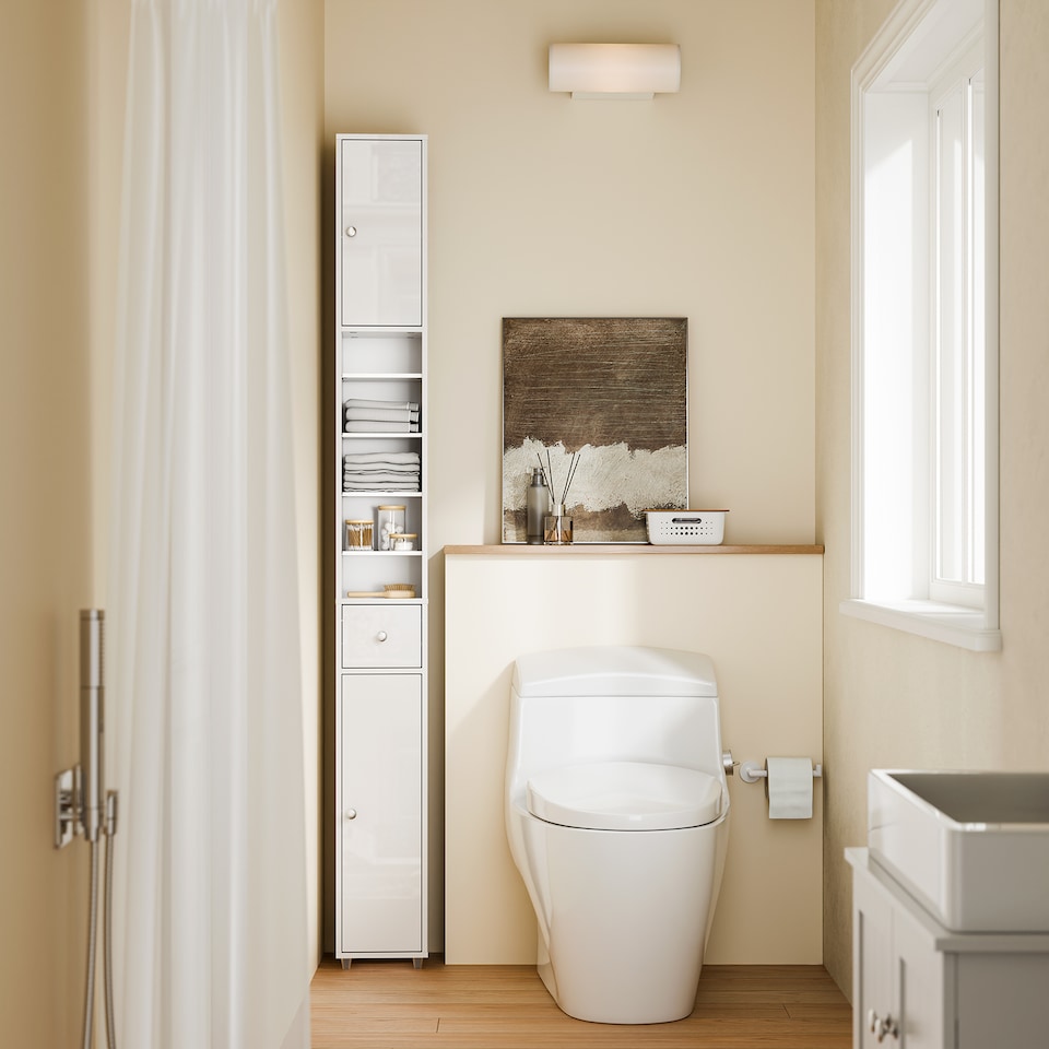 image 1 of SoBuy Tall Bathroom Storage Cabinet with 6 Adjustable Shelves, Gloss White, 7.9x7.9x70.9 inches, 13.5 kg - BZR167-GW