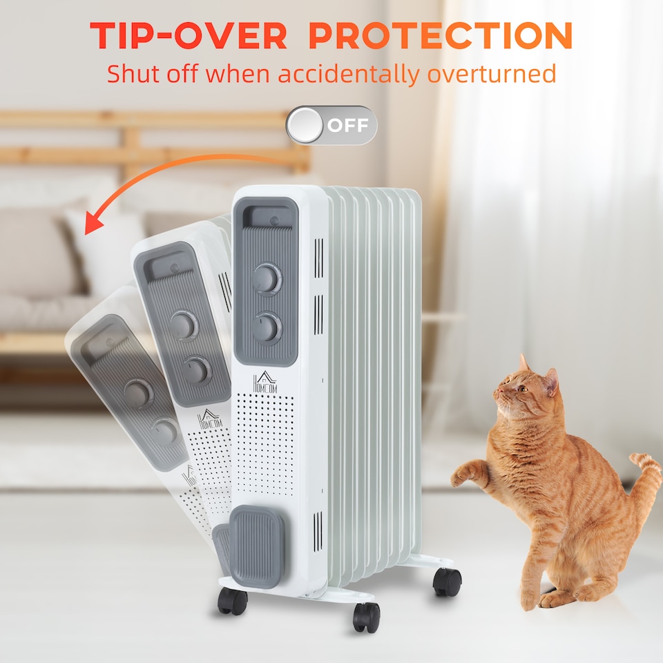 image 1 of HOMCOM 2000W Oil Filled Radiator, 9 Fin, Portable Electric Heater with 3 Heat Settings, Safety Cut-Off and Wheels, White