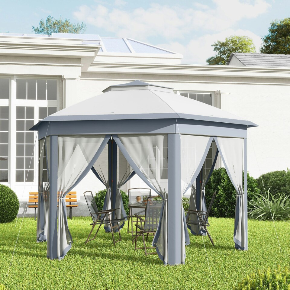 image 1 of Outsunny 3x4m Hexagon Gazebo w/ Mesh Curtains Outdoor Garden, Khaki