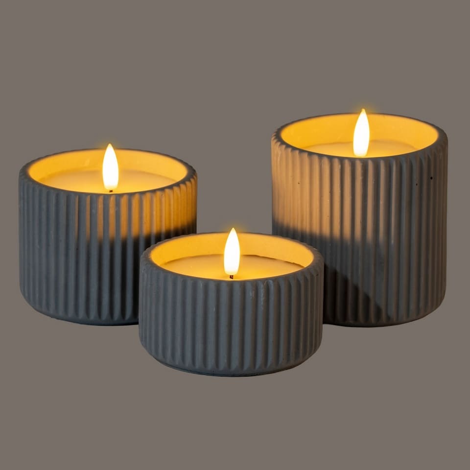 image 1 of Luxe Collection Natural Glow Ribbed Large Led Candle - Wax - L9 x W9 x H9 cm - Grey