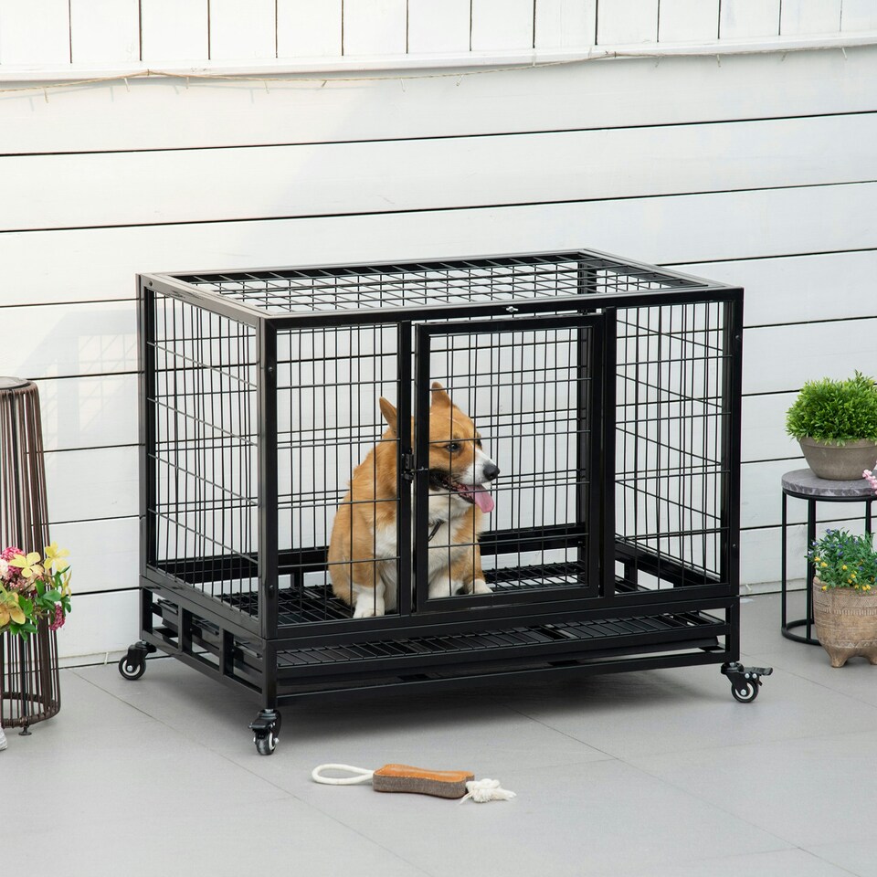 image 1 of PawHut Metal Kennel Cage with Wheels and Crate Tray for Pet Dog Medium Black