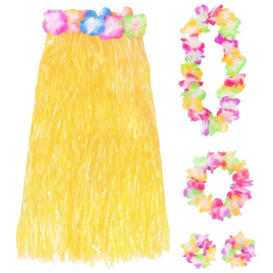 image 1 of Pack of 12 80cm Hawaiian Long Yellow Hula Skirt & Lei Yellow | One Size