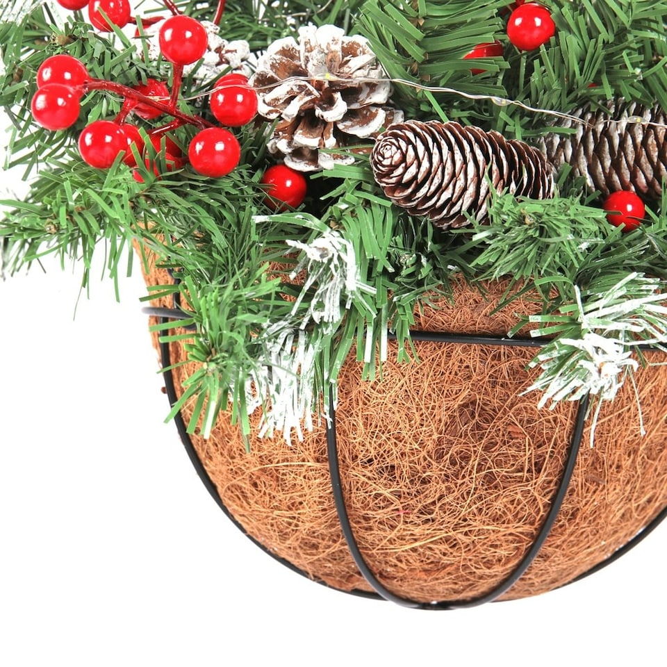 image 1 of Living and Home Artificial Christmas Hanging Basket with Frosted Pine Cone