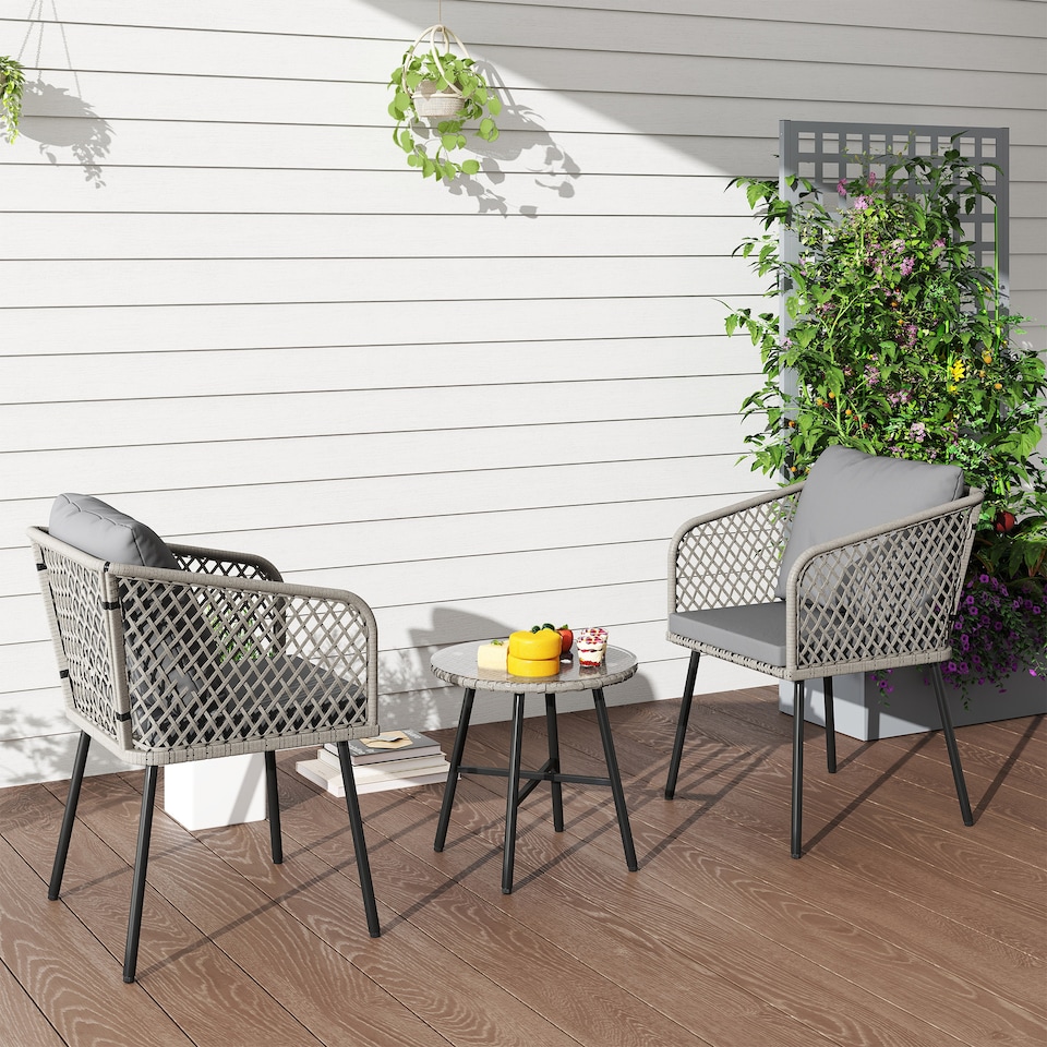 image 1 of Outsunny 3 Piece Rattan Bistro Set, Patio Wicker Conversation Furniture Set with 2 Chairs, Tempered Glass Table, Cushions, Adjustable Foot Pads, for Garden, Balcony, Grey