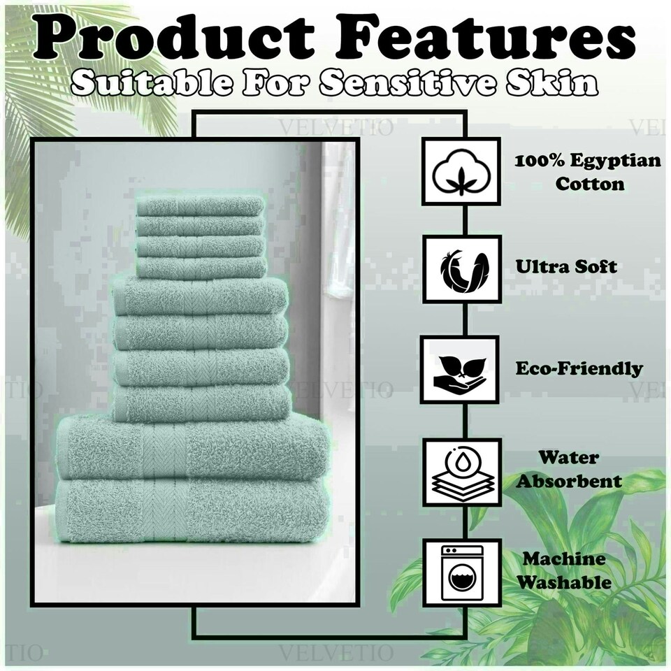 image 1 of VELVETIO 10 Piece Towel Bale Set Toronto Stripe Pattern - 100% Cotton, 450 GSM Green | Duck Egg