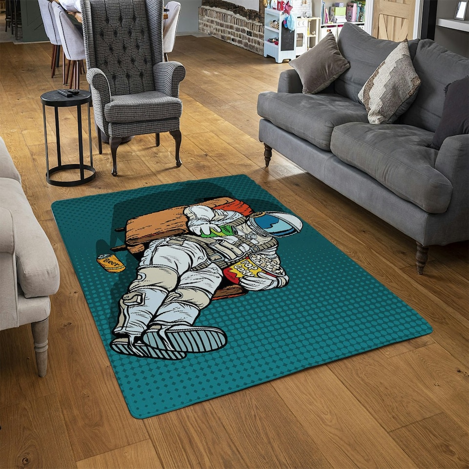 image 1 of Astronaut the audience with beer and popcorn sitting in a chair. loneliness in space. Pop art retro (Rug) Cream | S