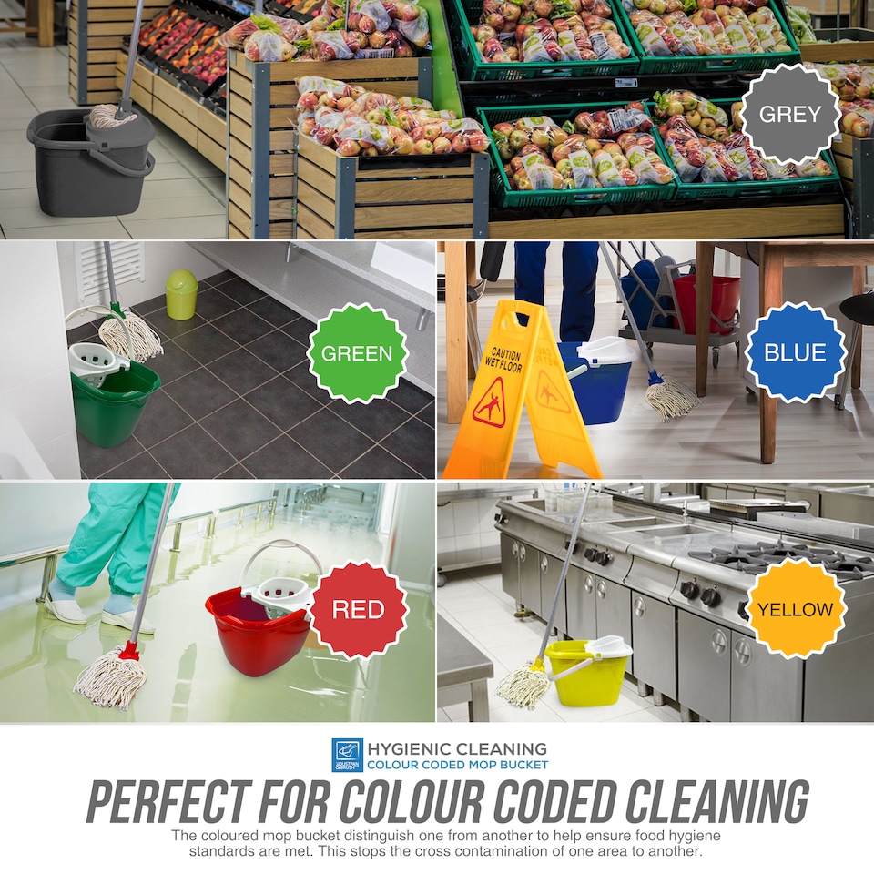 image 1 of Colour Coded Mop Bucket with Removable Wringer 12L Heavy Duty Plastic Cleaning Bucket for Home Kitchen and Catering