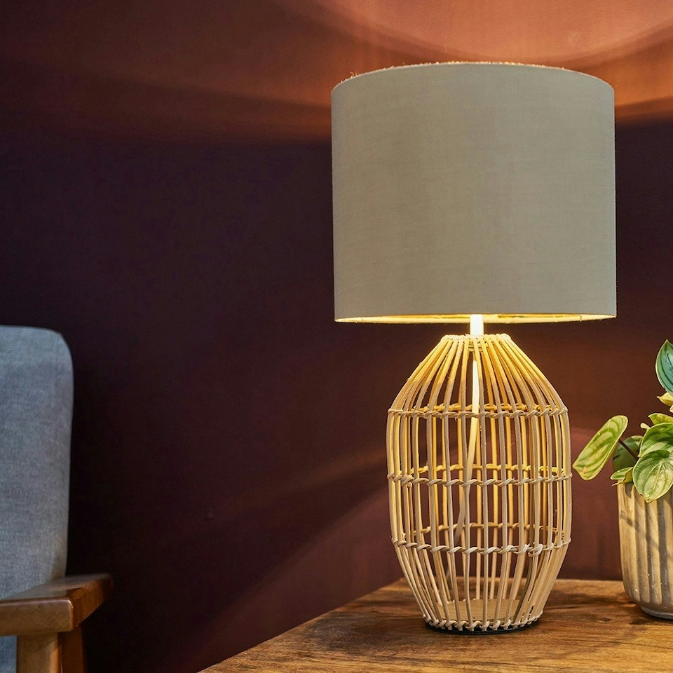 image 1 of ValueLights Contemporary Natural Rattan Cylinder Table Lamp With Beige Gold Cylinder Shade