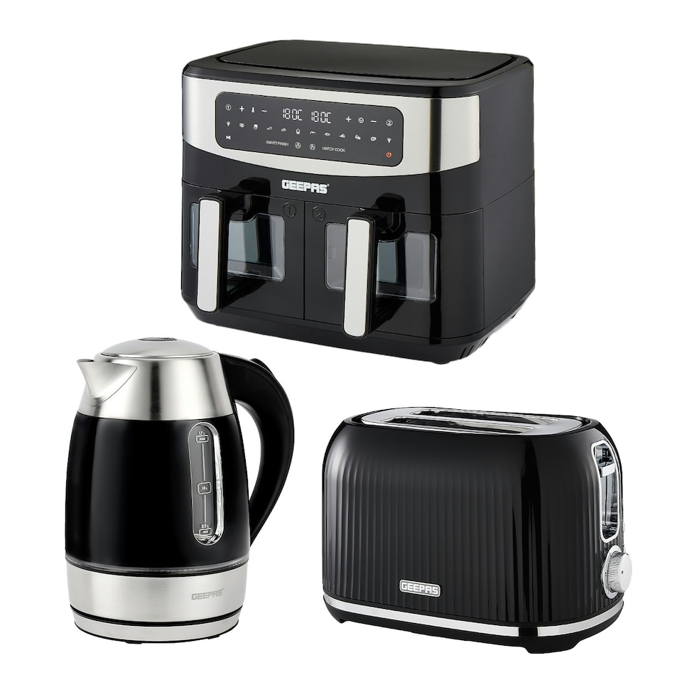 GEEPAS 1.7L Illuminating Electric Kettle 2 Slice Bread Toaster & 9L Dual Zone Air Fryer Kitchen Combo Set