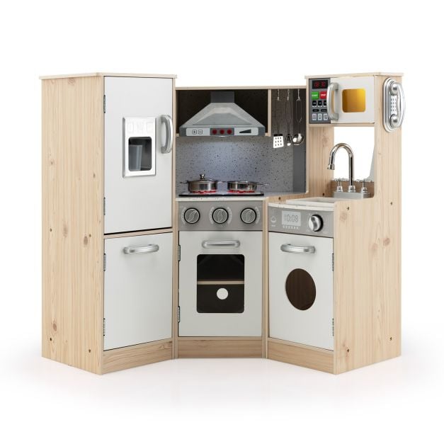 Corner Play Kitchen Wooden Kitchen Playset 9 IN 1 Pretend Cooking Toy Realistic Sounds