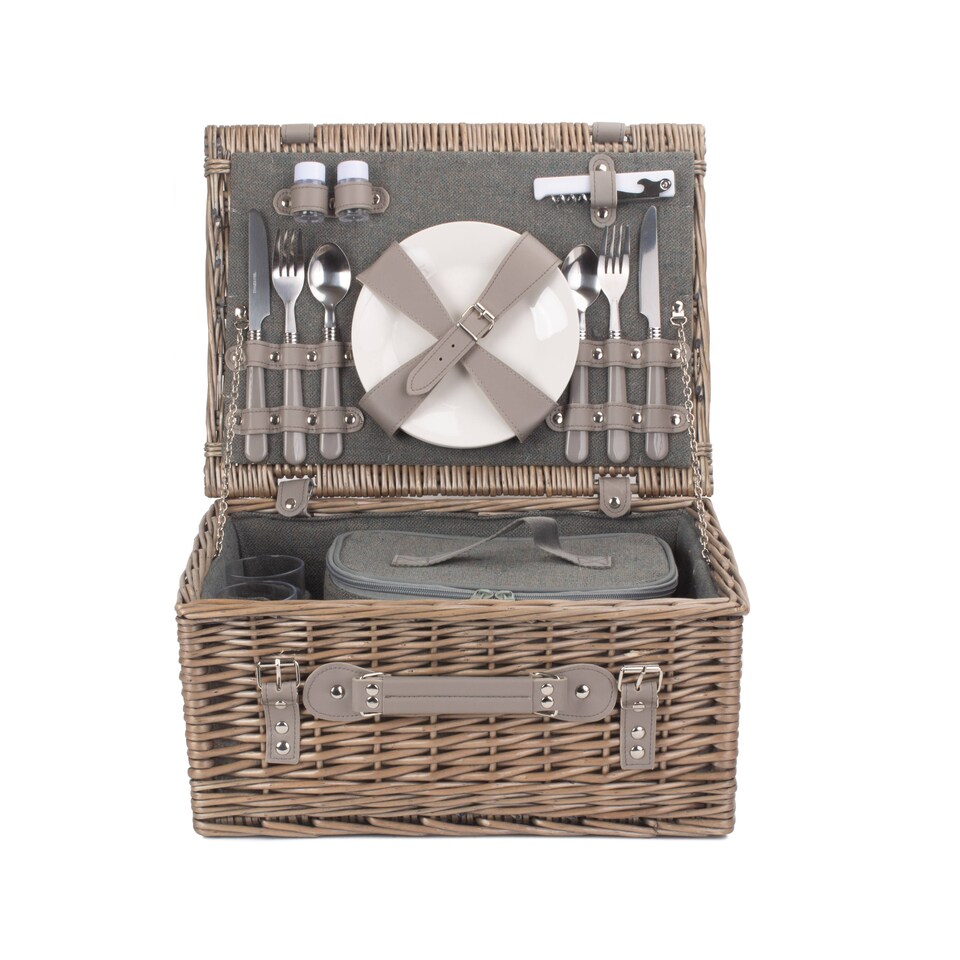 image 1 of 2 Person Grey Tweed Wicker Fitted Picnic Basket | Grey | Grey | 1