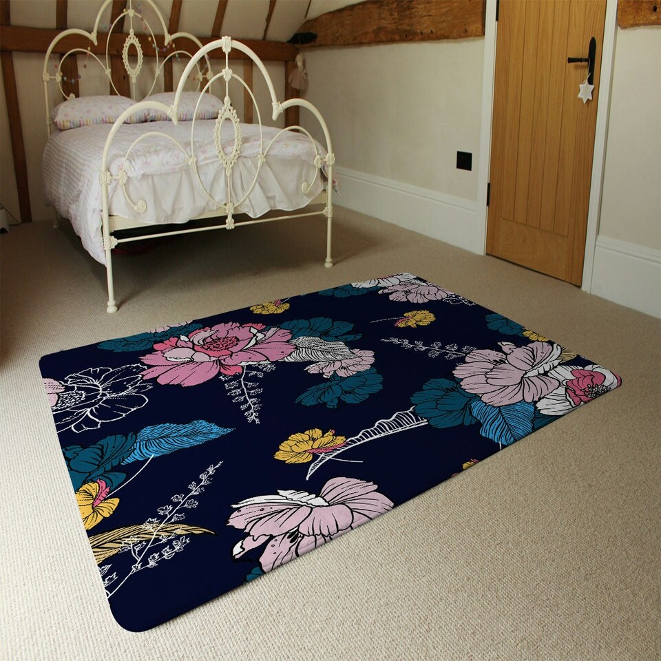 image 1 of Pink Flowers on Navy (Rug) Pink | Large: 140x200cm