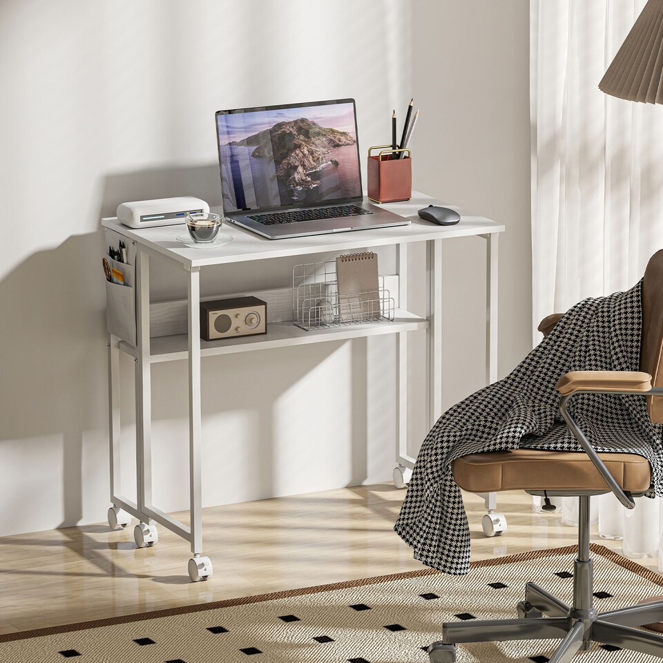 image 1 of HOMCOM 80 cm Foldable Computer Desk on Wheels for Small Spaces White