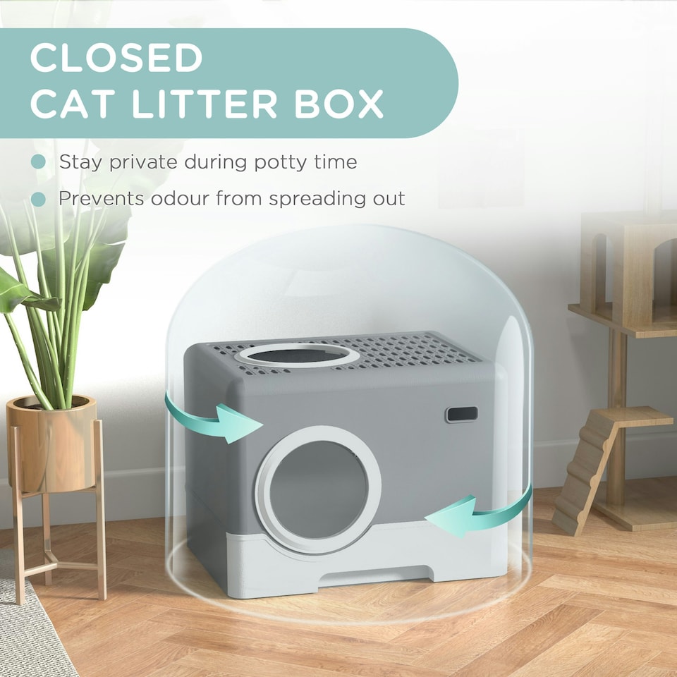 image 1 of PawHut Enclosed Cat Litter Tray with Lid, Front Entry, Top Exit, Scoop - Grey