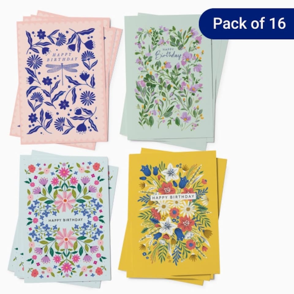 image 1 of Floral Birthday Card Double Pack – Box of 16 (4 Designs)
