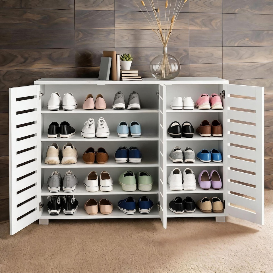 image 1 of Oslo 3 Door Wooden Shoe Storage Cabinet Rack Stand Cupboard Slatted Doors | White