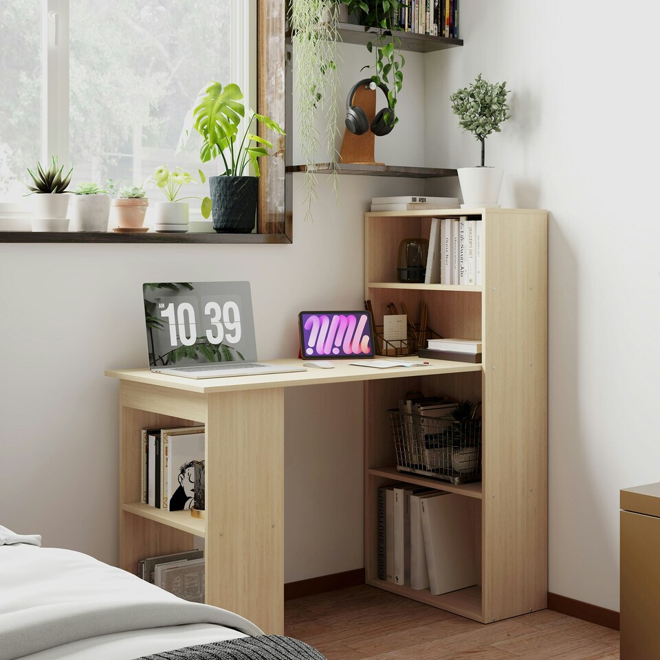 image 1 of HOMCOM 120cm Computer Desk Bookshelf Writing Table 6 Shelves Natural | Brown | 120L x 55D x 120H cm
