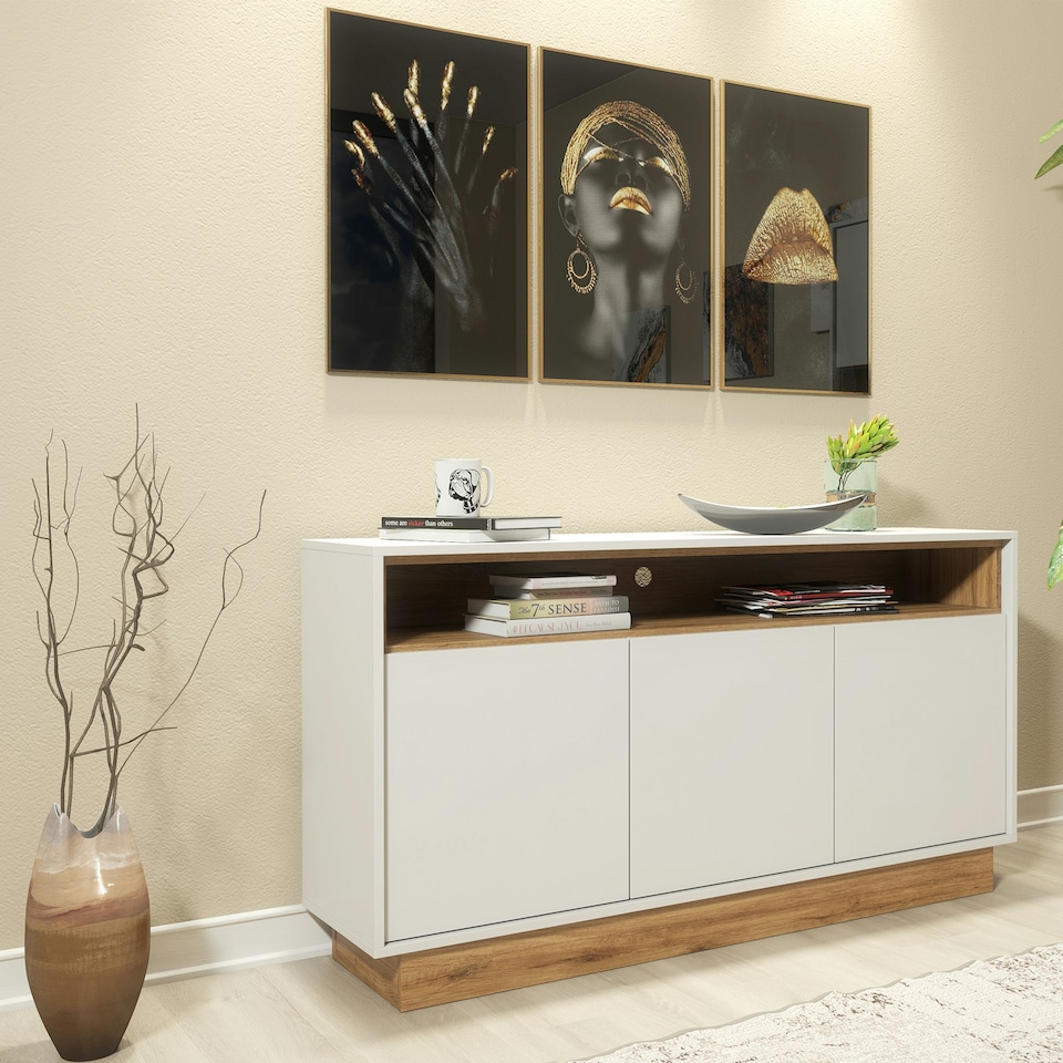 image 1 of White and Oak Sideboard 155cm – Modern Cabinet with Open Shelf | White