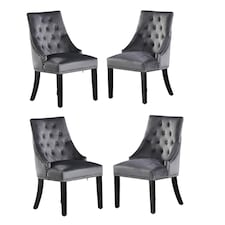 Set of 4 Velvet Dining Chairs Ergonomic Scoop Knockerback & Button Tufted Wood Legs Grey | Dark Grey