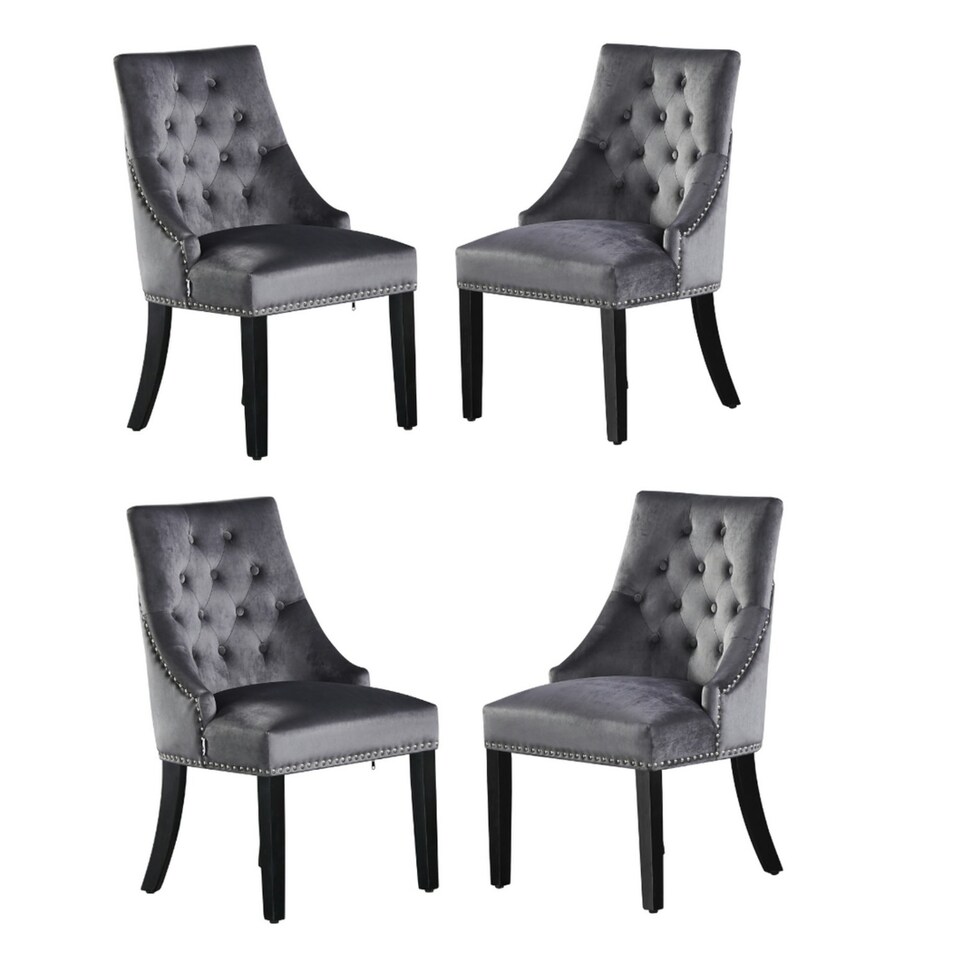 image 1 of Set of 4 Velvet Dining Chairs Ergonomic Scoop Knockerback & Button Tufted Wood Legs Grey | Dark Grey