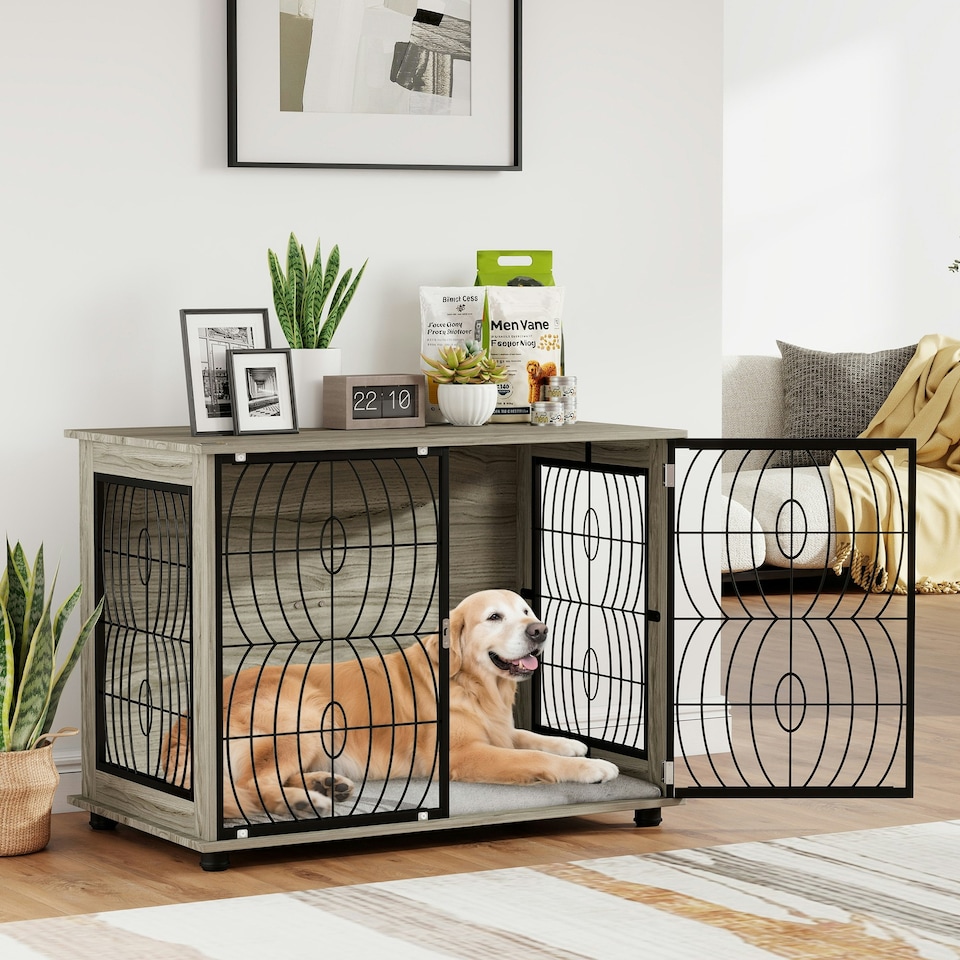 image 1 of PawHut Dog Crate Furniture End Table w/ Cushion for Large Dogs
