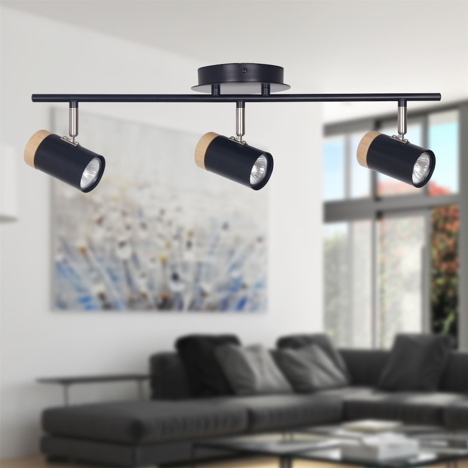 image 1 of Set of 2 Stratton - Black with Wood Detail Three Way Spotlights