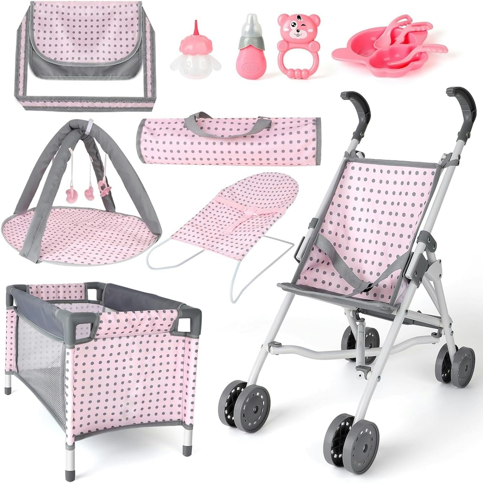 image 1 of 5-in-1 Baby Doll Accessories Play Set – Pink Stroller, Cot, Play Mat, Bouncer & Travel Bags Fits 12"–14" Dolls (Doll Not Included)