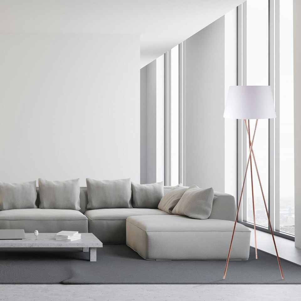 image 1 of First Choice Lighting Pair Copper Tripod Floor Lamp with White Fabric Shade Copper | White