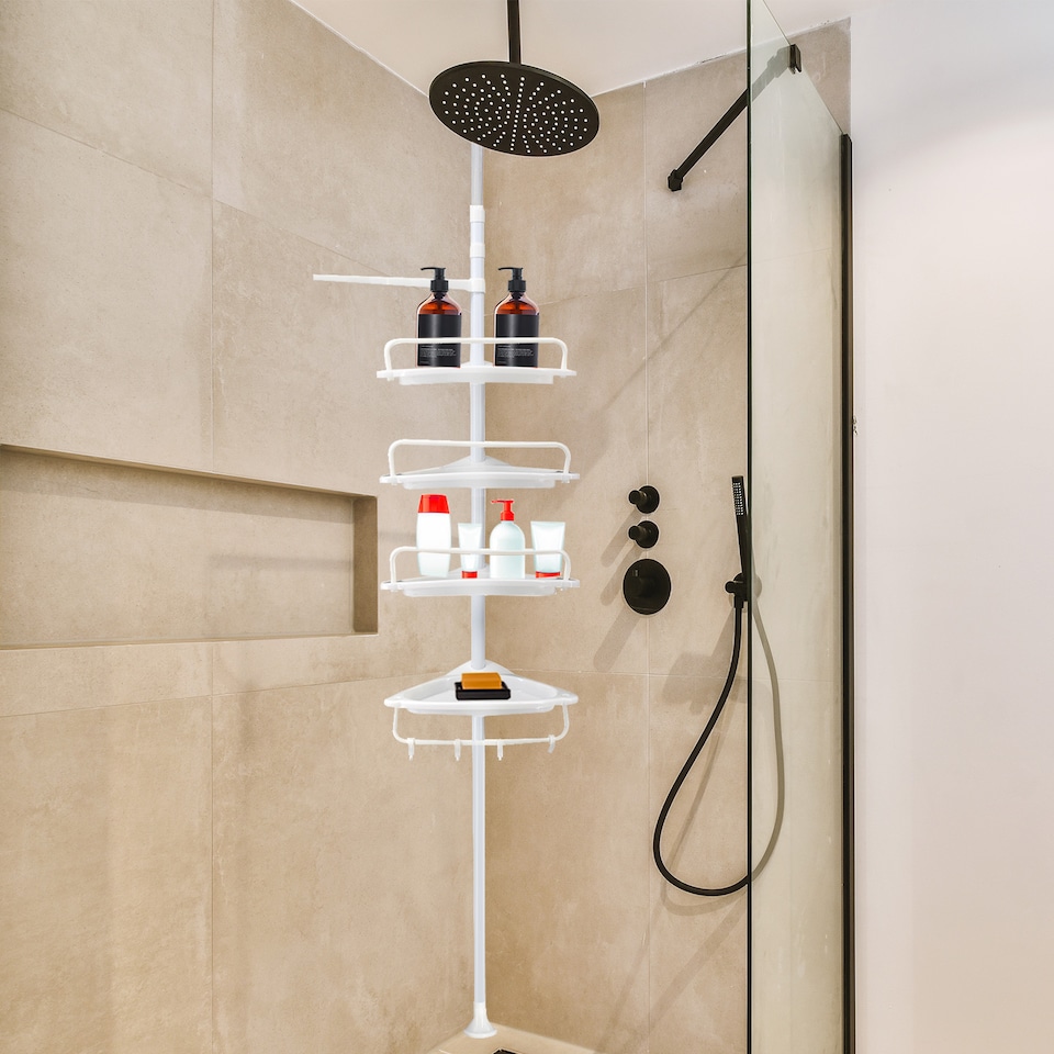 image 1 of 4-Tier Telescopic Corner Shower Caddy Bathroom Wall Shelf & Storage Organizer white