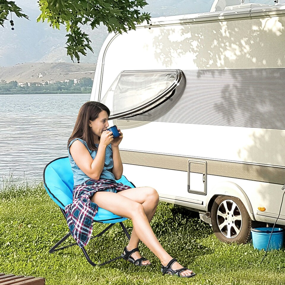 image 1 of Outsunny Camping Moon Chair, Portable Folding Camping Chair for Adults with Wide Padded Oxford Seat for Outdoor Camp, Travel, Fishing, Beach, Blue