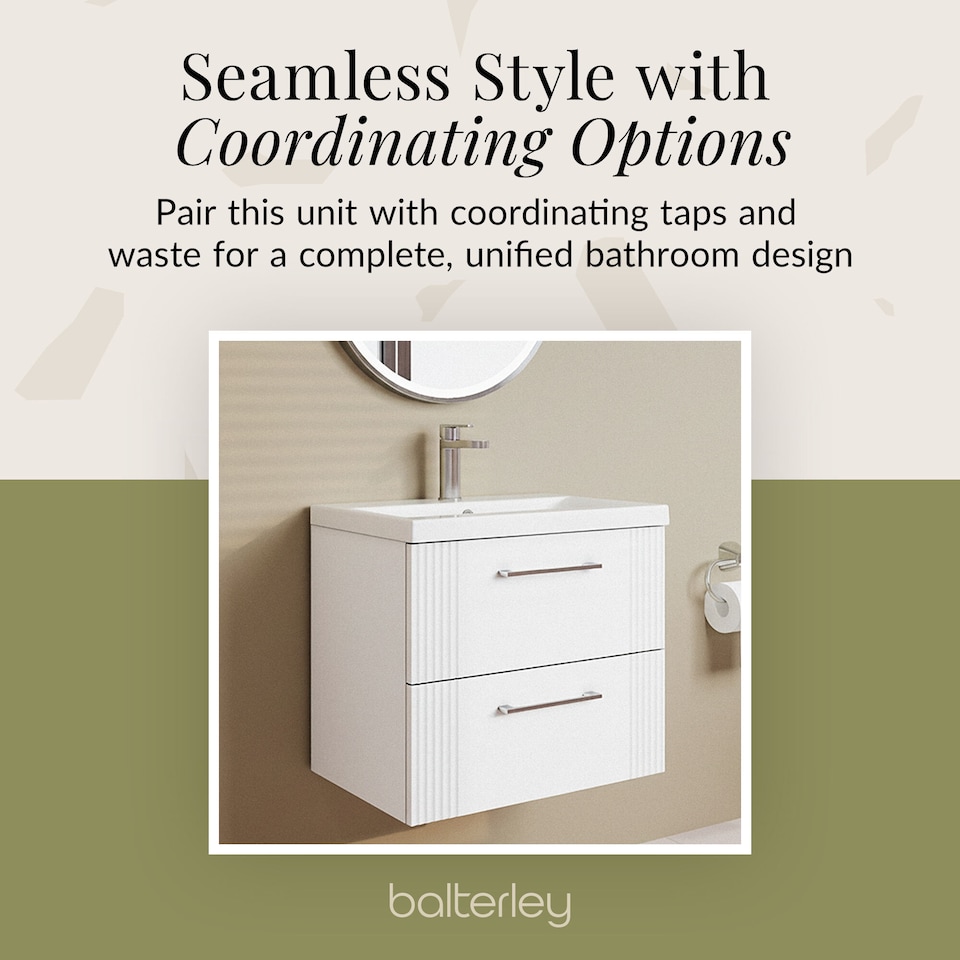image 1 of Wall Hung 2 Drawers Vanity Unit - Mid-Edge Basin 600mm, Satin White | White | Satin White | 390 x 610 x 540mm