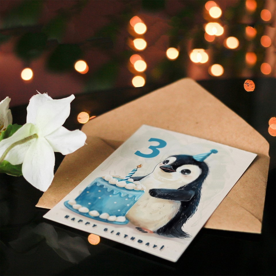 image 1 of 3rd Cute Baby Penguin Cake Cartoon Kids Age 3 Year Old Child Birthday Card