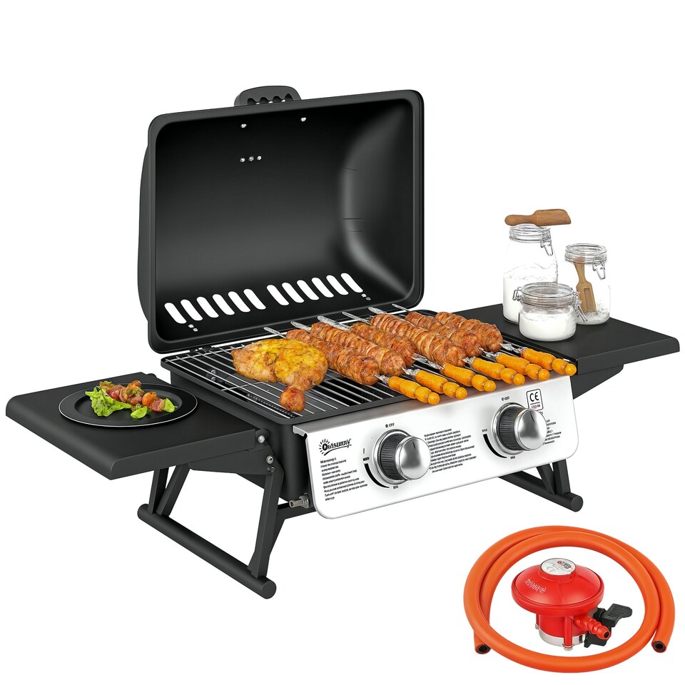 image 1 of Outsunny Portable Tabletop Gas Barbecue Grill with Thermometer, Black
