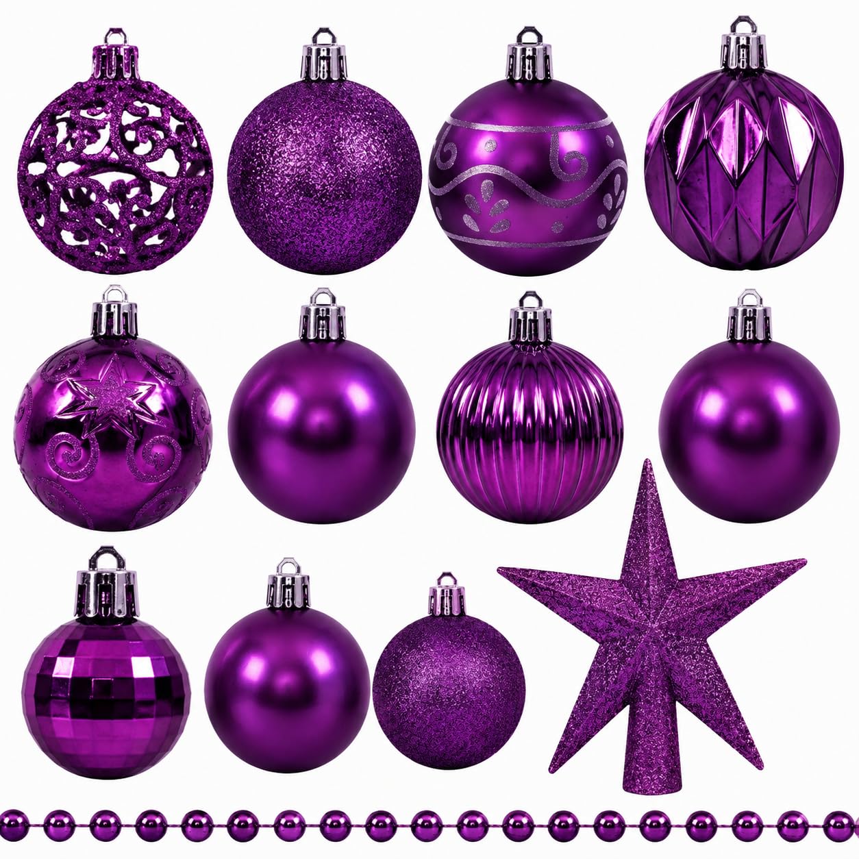 Christmas Tree Decoration Set 100 Pieces - Baubles, Star Topper & Bead Garland - Glitter, Matte & Metallic Ornaments (Purple)