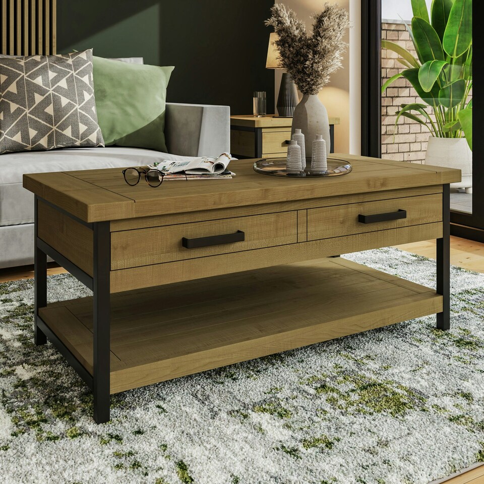 image 1 of Lowry 2 Drawer Coffee Table Driftwood Lacquered Solid Reclaimed Pine Brown