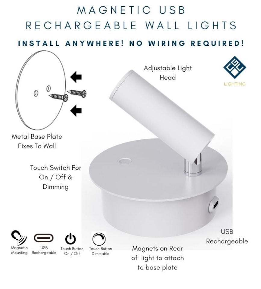 image 1 of CGC Lighting SCARLET White Adjustable LED Rechargeable Magnetic USB Bedside Wall Light | White | White | Base plate: Diameter 9.5 cm, depth 3.5 cm; Light head: Length 7 cm, extended length forward 8 cm