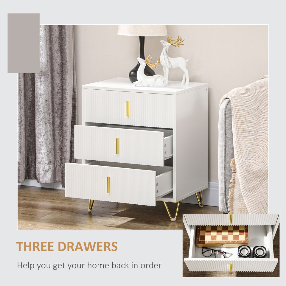 image 1 of HOMCOM Modern 3 Drawer Dresser, Fluted Bedroom Dresser Chest of Drawers with Metal Legs and Steel Handles for Bedroom, White