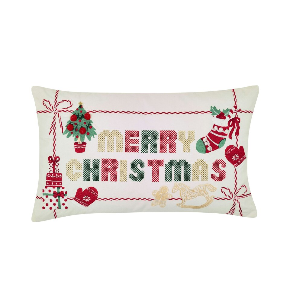 image 1 of Catherine Lansfield Merry Christmas Cross Stitch 30x50cm Cushion Natural Cream | Natural | 30 x 50 cm