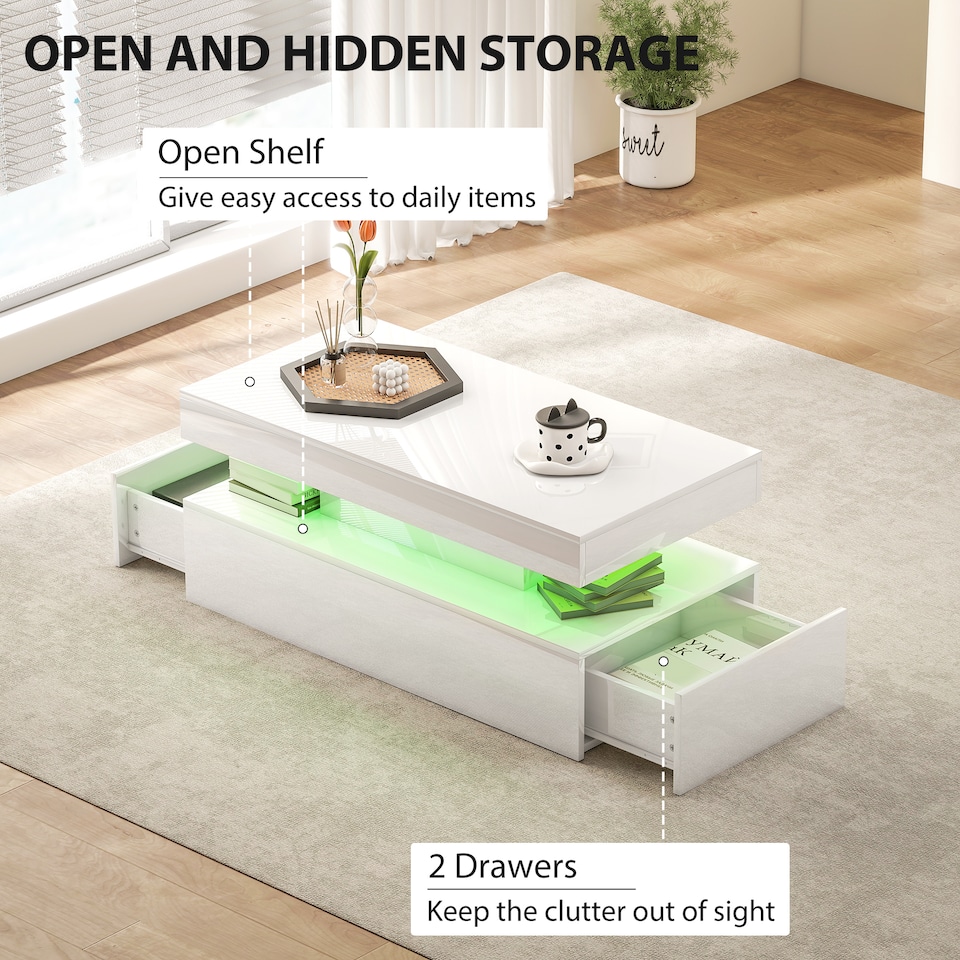 image 1 of HOMCOM LED Coffee Table with Storage, Modern High Gloss Living Room Table with 2 Drawers, Open Shelf and Remote Control, White
