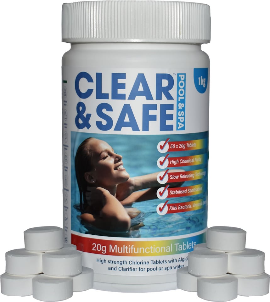 Clear & Safe 1kg 20g 5 in 1 Multifunction Chlorine Tablets for Pool, Spas & Hot Tubs