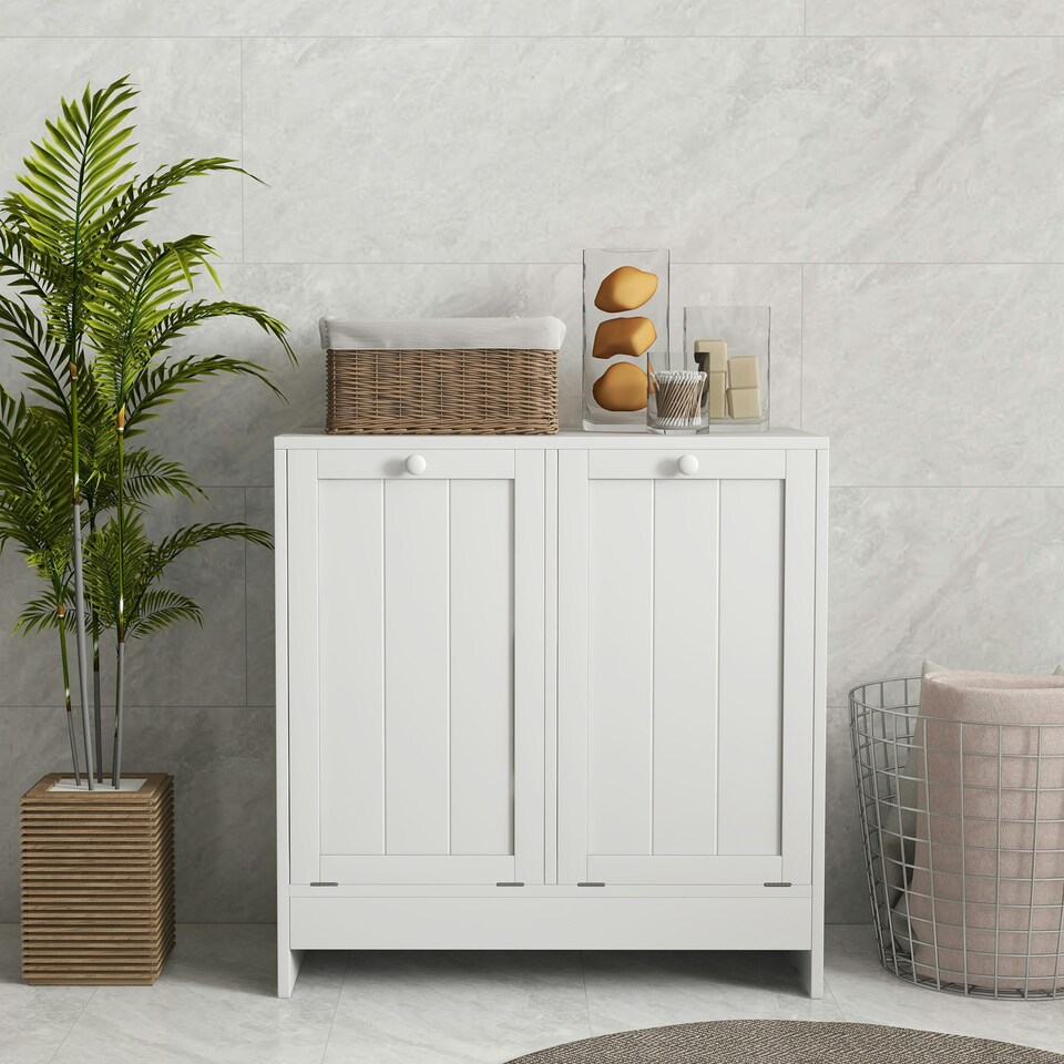 image 1 of kleankin Tilt-out Laundry Storage Cabinet with 2 Compartment Hampers, White