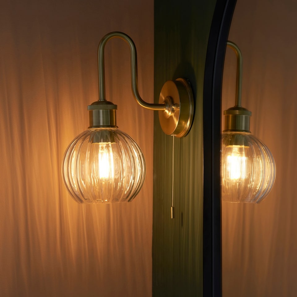 image 1 of Marsala Bathroom Glass Wall Lamp, Satin Brass Plate, Ribbed Glass, IP44