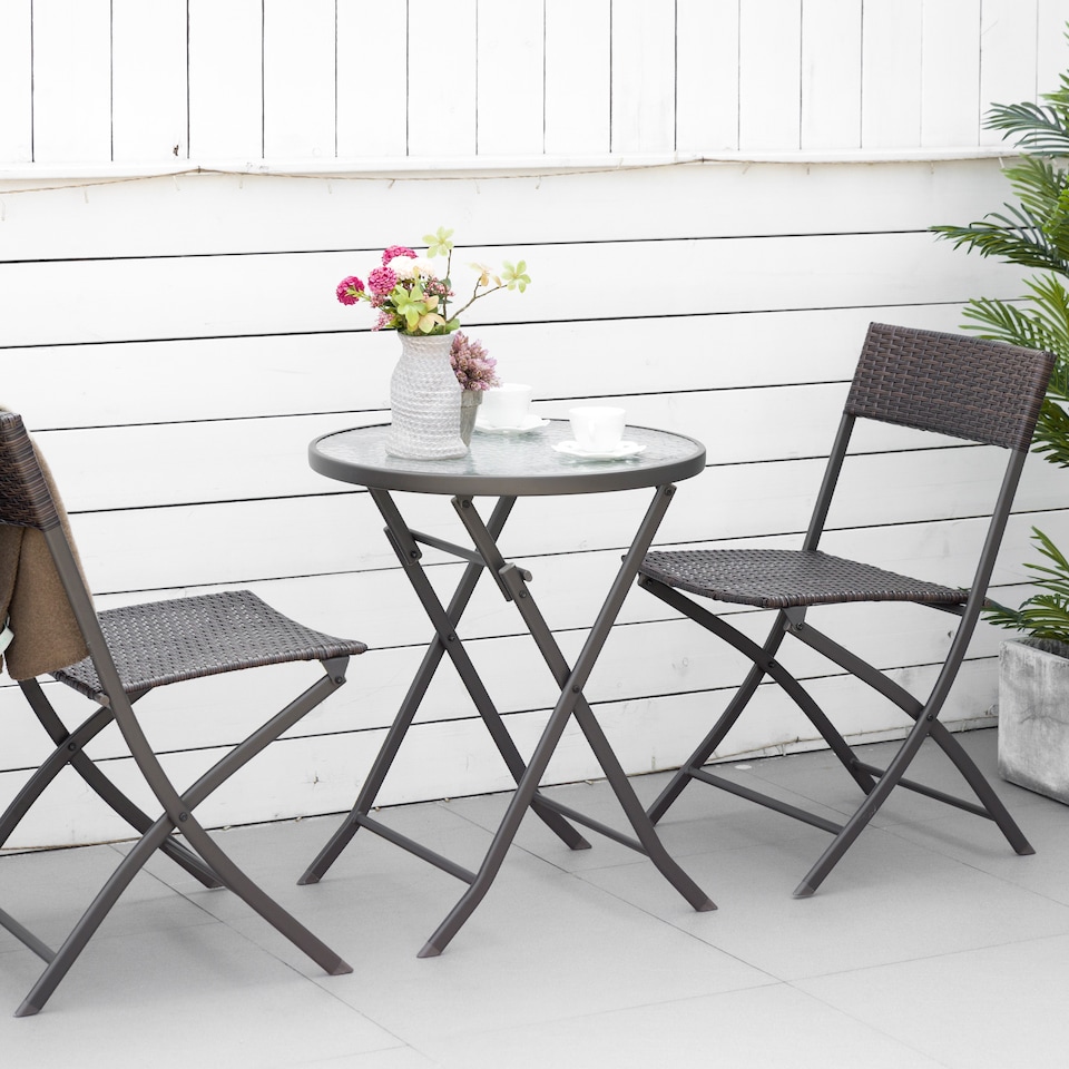 image 1 of Outsunny 3 Pieces Rattan Bistro Set, Wicker Folding Garden Furniture Set with Round Glass Top Coffee Table and Chairs for Outdoor, Patio, Balcony, Brown