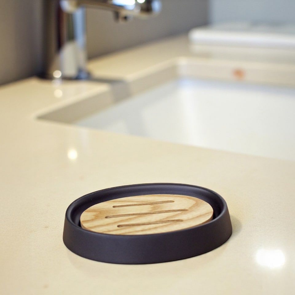 image 1 of Showerdrape Sonata Black & Bamboo 3 Piece Bathroom Accessory Set | Black | Black | 1